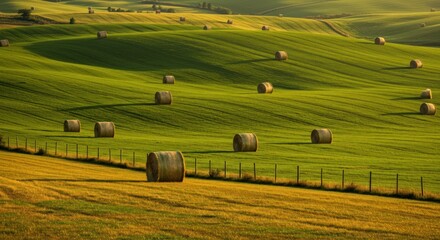 Obraz premium Rolling hills of a green field dotted with hay bales at golden hour