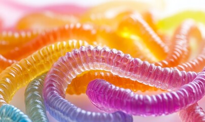 Close-up of colorful, translucent gummy worms.