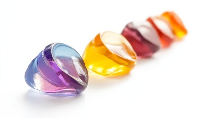 Colorful translucent jelly candies in a row on white background.