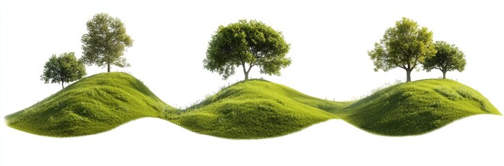 Three lush green hills with trees, isolated on white background.