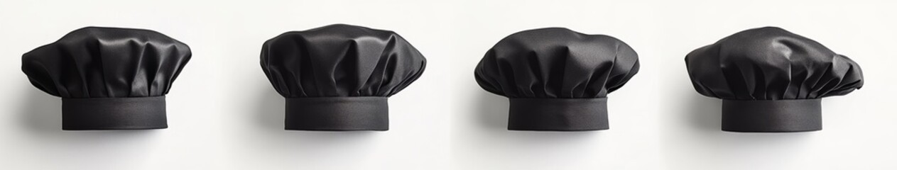 Four black chef hats viewed from different angles on a white background.