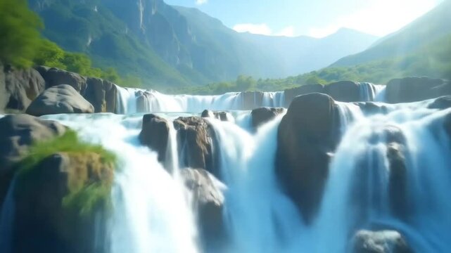 A vibrant waterfall cascading through a verdant valley with rocky tiers and tranquil pools, enveloped by rich foliage
By VirtualVista