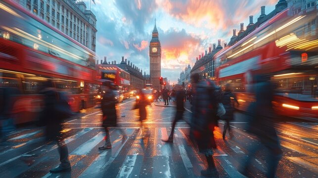 London cityscape blur Big Ben under colorful sunset sky, pedestrians crossing, red buses pass
