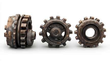 Three rusty bronze gears isolated on white background.
