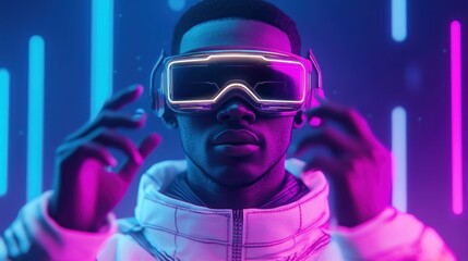 Futuristic portrait of a person wearing virtual reality glasses.