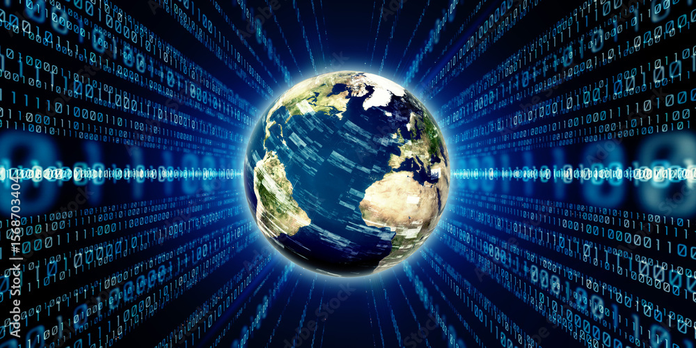 Poster planet earth and digital technology. wide angle visual for banners or advertisements.