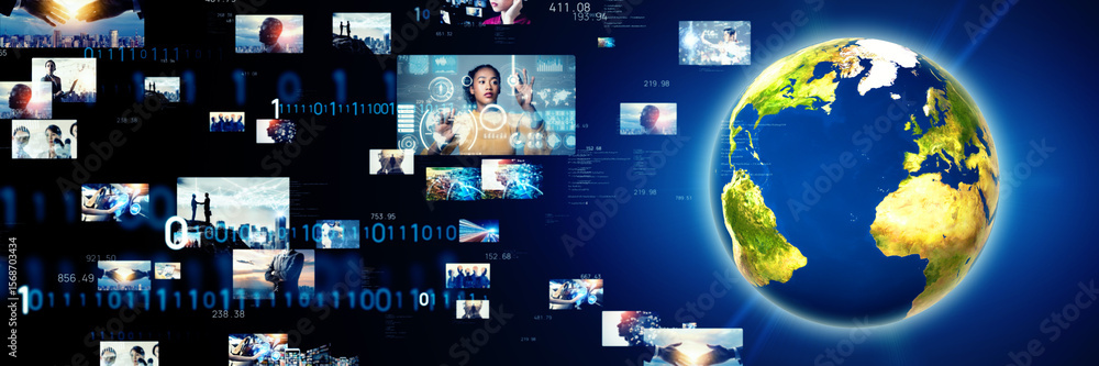 Poster global network and digital contents. wide angle visual for banners or advertisements.