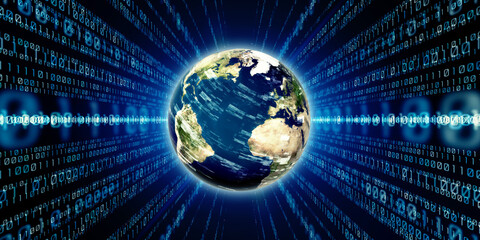 Planet Earth and Digital Technology. Wide angle visual for banners or advertisements.