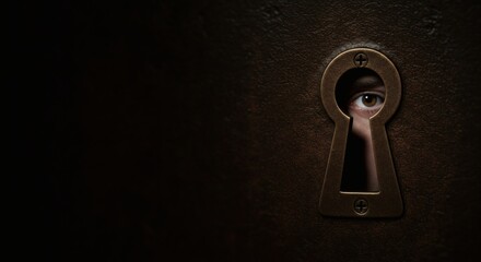 Intense Eye Peering Through Vintage Keyhole Surrounded by Dark Textures &ndash; Cinematic Scene of Secrecy and Silent Observation