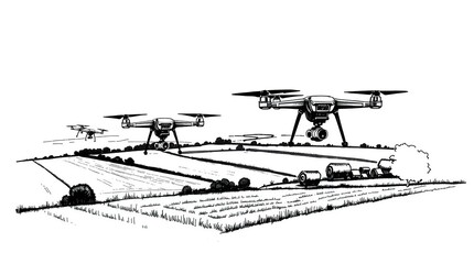 Drones oversee farmland in ink sketch