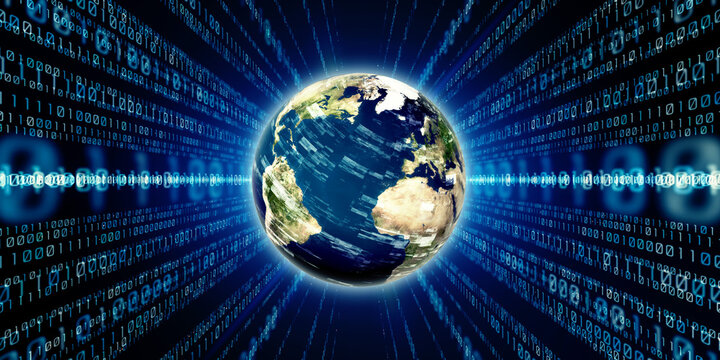 Planet Earth and Digital Technology. Wide angle visual for banners or advertisements.