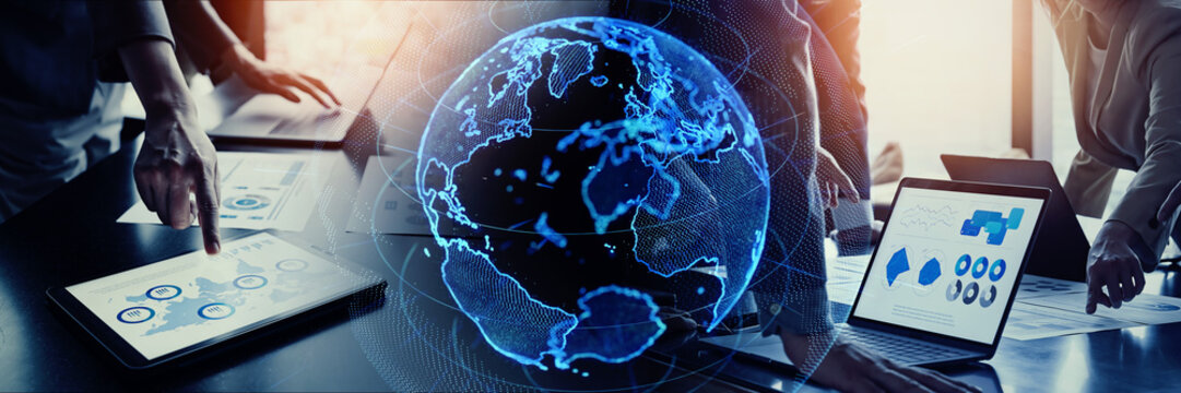 Earth and business scene. Wide angle visual for banners or advertisements.