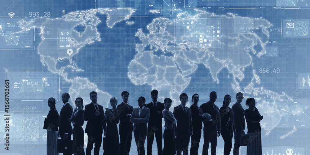 Poster world map and people of different nationalities. wide angle visual for banners or advertisements.