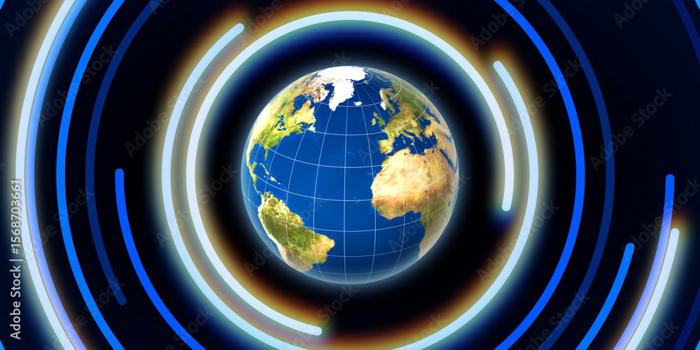 Poster Earth and communication network. Wide angle visual for banners or advertisements.