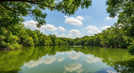Serene lake nestled within a lush green forest, with a clear sky dotted with fluffy clouds reflected perfectly in the still water