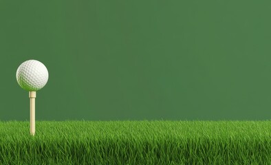 Golf ball on tee in green grass against green background.