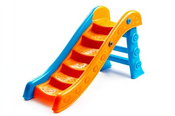 Small orange and blue plastic children's slide toy isolated on white background. (2)