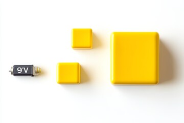 Three yellow cubes and a 9V battery on white background.