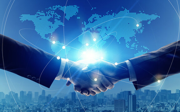 handshake, shaking hands, world, international, oversea, transaction, cooperation, teamwork, network, business, trade, global, world map, dx, digital transformation, future, society, city, business ne - Powered by Adobe