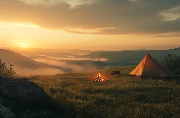 Sunrise campfire scene with tent in misty mountain valley.