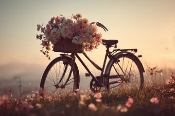 Obraz premium Vintage bicycle with flower basket in a sunlit meadow during golden hour, creating a serene nostalgic ambiance perfect for lifestyle and nature-themed designs