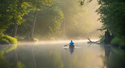 Misty river morning, canoeist
