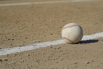 Worn baseball resting on a baseball field's foul line.