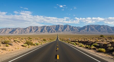 Desert highway stretches towards distant mountains under a bright blue sky