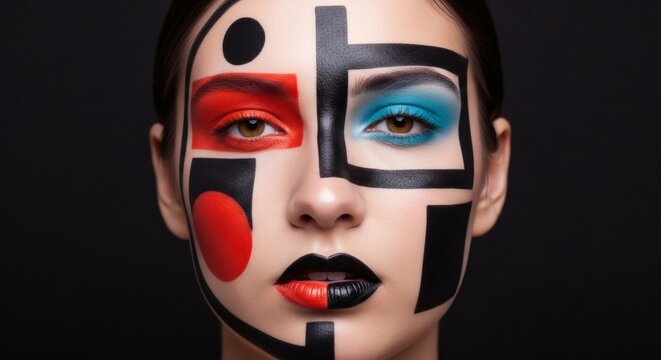 A woman with artistic makeup featuring geometric shapes and contrasting colors on a dark background