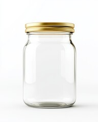 Empty clear glass jar with gold lid on white background. (2)