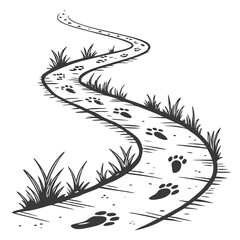 Winding path with paw prints and grass black and white