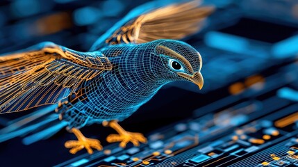Digital Bird on Circuit Board Glowing Blue and Orange Particles