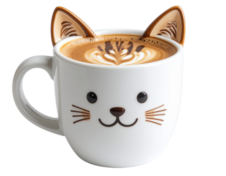 Adorable Cat Face Mug with Ears Filled with Coffee, Isolated on Transparent Background - Powered by Adobe