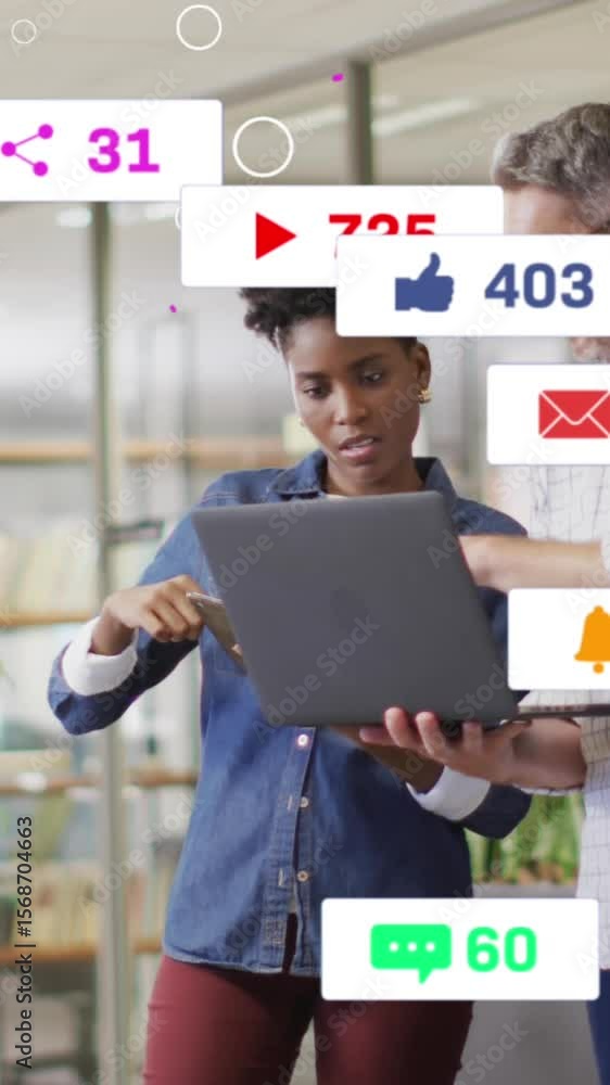 Poster animation of multiple notification bars over diverse coworkers discussing reports on laptop