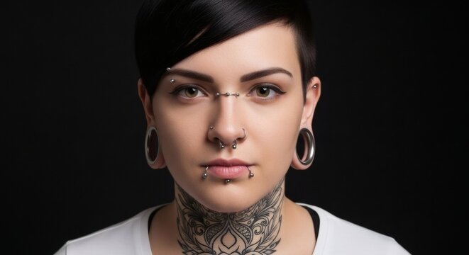 Portrait of a woman with multiple facial piercings, stretched earlobes, and a neck tattoo on black