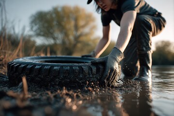 Determined person removing muddy tire from riverbank in natural outdoor environment at sunrise