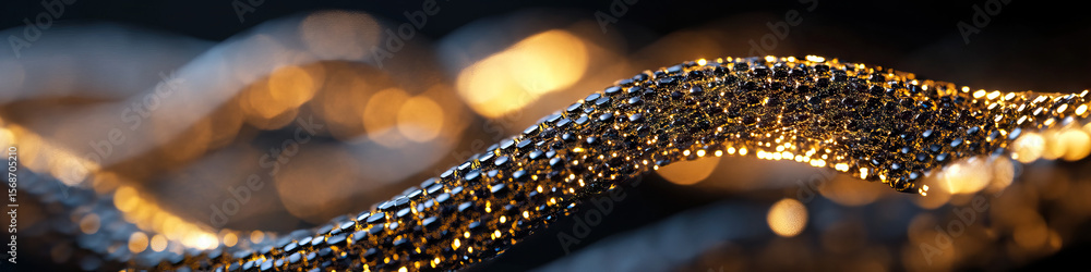 Poster close-up of metallic textured undulating form with blurred golden background