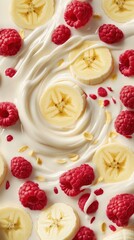 Whipped cream dessert with fresh raspberries and banana slices.