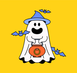 Cartoon ghost in a blue witch hat holding a pumpkin bucket surrounded by flying bats in hand drawn illustration vector for Halloween-themed designs, party invites, or seasonal content