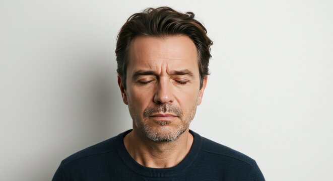 Close-up of a man with eyes closed, neutral expression against a plain white background