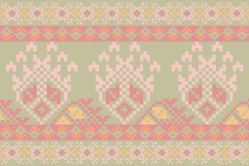 Seamless pattern design. Detailed vector illustration for textile design. Cross stitch pattern. Geometric pattern. Tribal pattern. Pixel art design.
