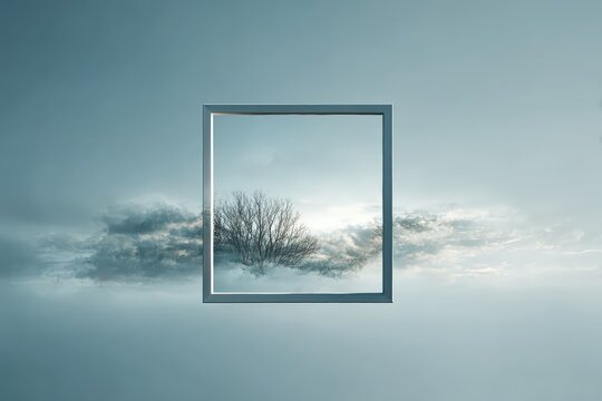 Surreal Conceptual Art: Window with Tree in Dreamlike Sky Reflecting Tranquility and Imagination
