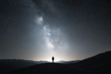 Fototapeta premium Person Standing on Hill Under Starry Night Sky with Milky Way Galaxy and Distant Mountains in Serene Landscape