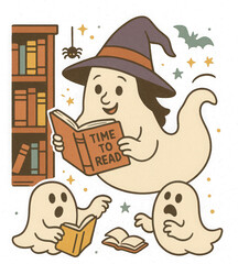 Imaginative Ghostly Storytelling Halloween Graphic in a Whimsical Library Scene with Playful Spectral Figures.