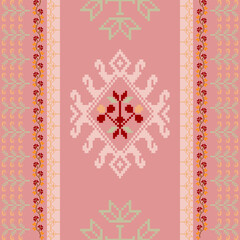 Seamless pattern design. Detailed vector illustration for textile design. Cross stitch pattern. Geometric pattern. Tribal pattern. Pixel art design.