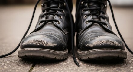 A close up view of worn black leather boots with laces on a stone surface showing signs of wear and tear