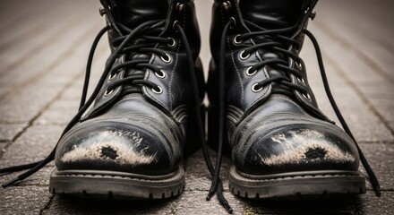 A close up view of worn black leather boots with laces untied on a weathered brick surface outdoors