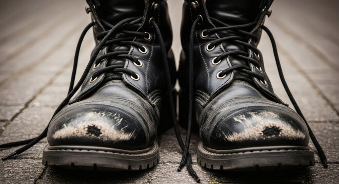 A close up view of worn black leather boots with laces untied on a weathered brick surface outdoors