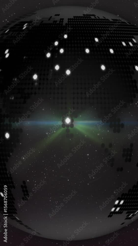 Aufkleber animation of illuminated dots on rotating globe and lens flares against black background