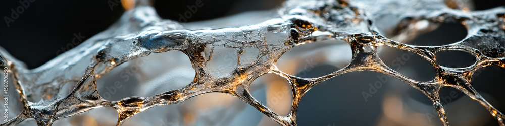 Poster close-up photograph of a translucent, web-like structure